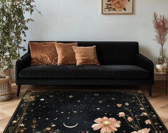 Celestial Floral Rug, Black Gold Moon and Stars Carpet, Gothic Botanical Living Room Decor, Washable Non Slip Indoor Outdoor Rug