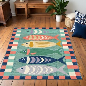 Fish Pattern Rug, Nautical Coastal Decor, Tropical Marine Life Mat