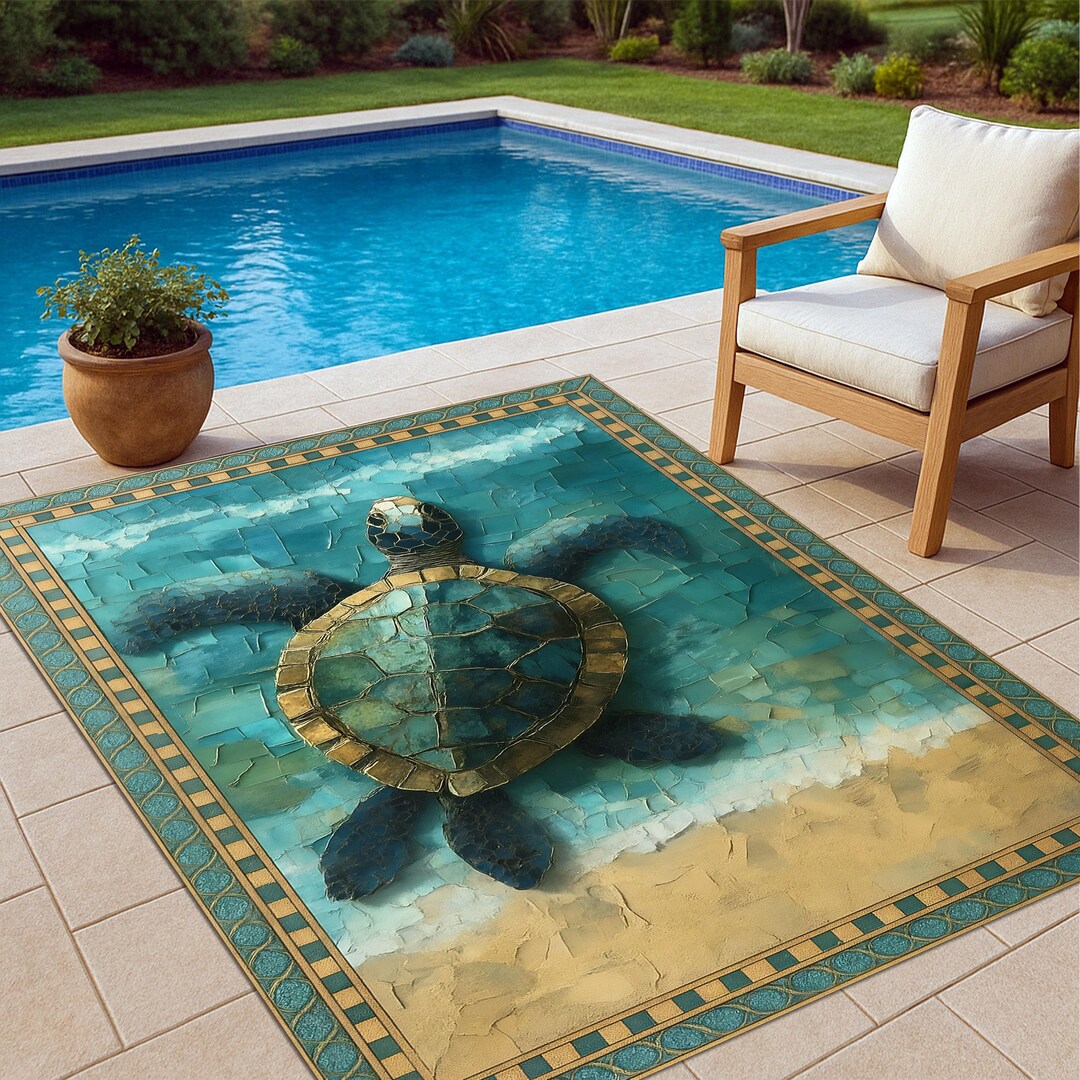 Turtle Outdoor Rug Sea Turtle Mosaic Rug, Mediterranean Ocean Rug, Coastal Beach House ...