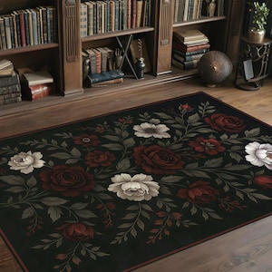 Gothic Floral Rug, Red White Roses Carpet, Vintage Inspired Mat, Romantic Room Decor, Black Base Rug, Elegant Living Mat, Classic Floral Rug