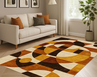Mid Century Retro Geometric Rug, Orange and Brown Abstract Carpet, Stylish Modern Living Room Area Rug, Contemporary Pattern Home Decor Rug