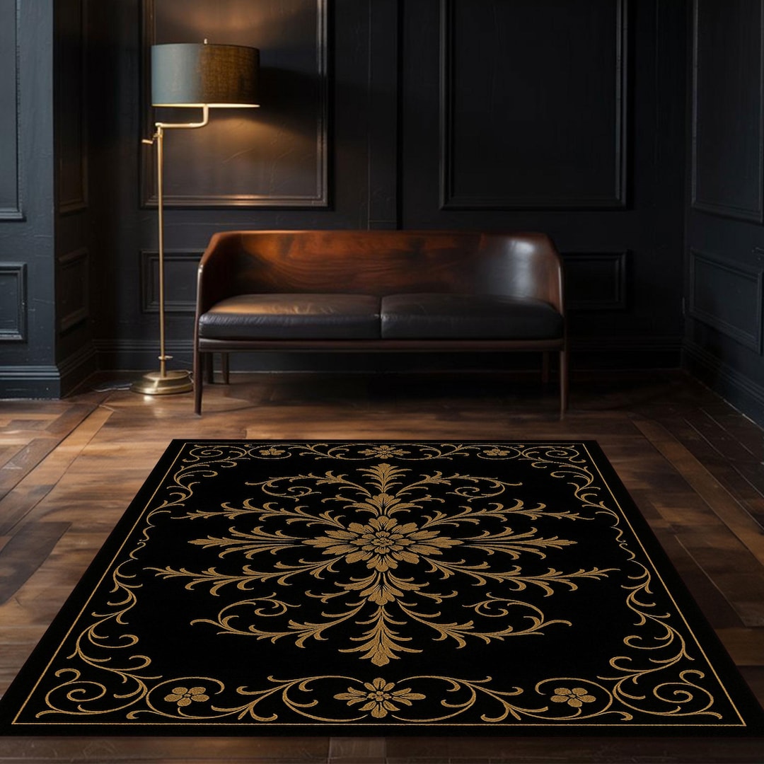 Black Gold Baroque Area Rug, Luxury Floral Living Room Carpet, Elegant ...
