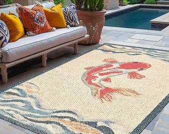Japanese Koi Fish Outdoor Rug, Zen Wave Pattern Patio Carpet in Beige and Red, Minimalist Garden Mat for Veranda or Boho Inspired Deck
