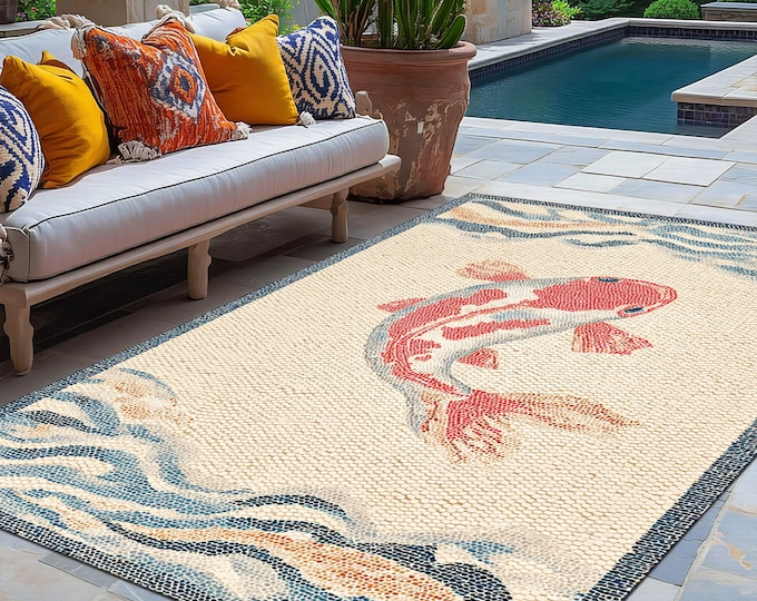 Japanese Koi Fish Outdoor Rug, Zen Wave Pattern Patio Carpet in Beige and Red, Minimalist Garden Mat for Veranda or Boho Inspired Deck