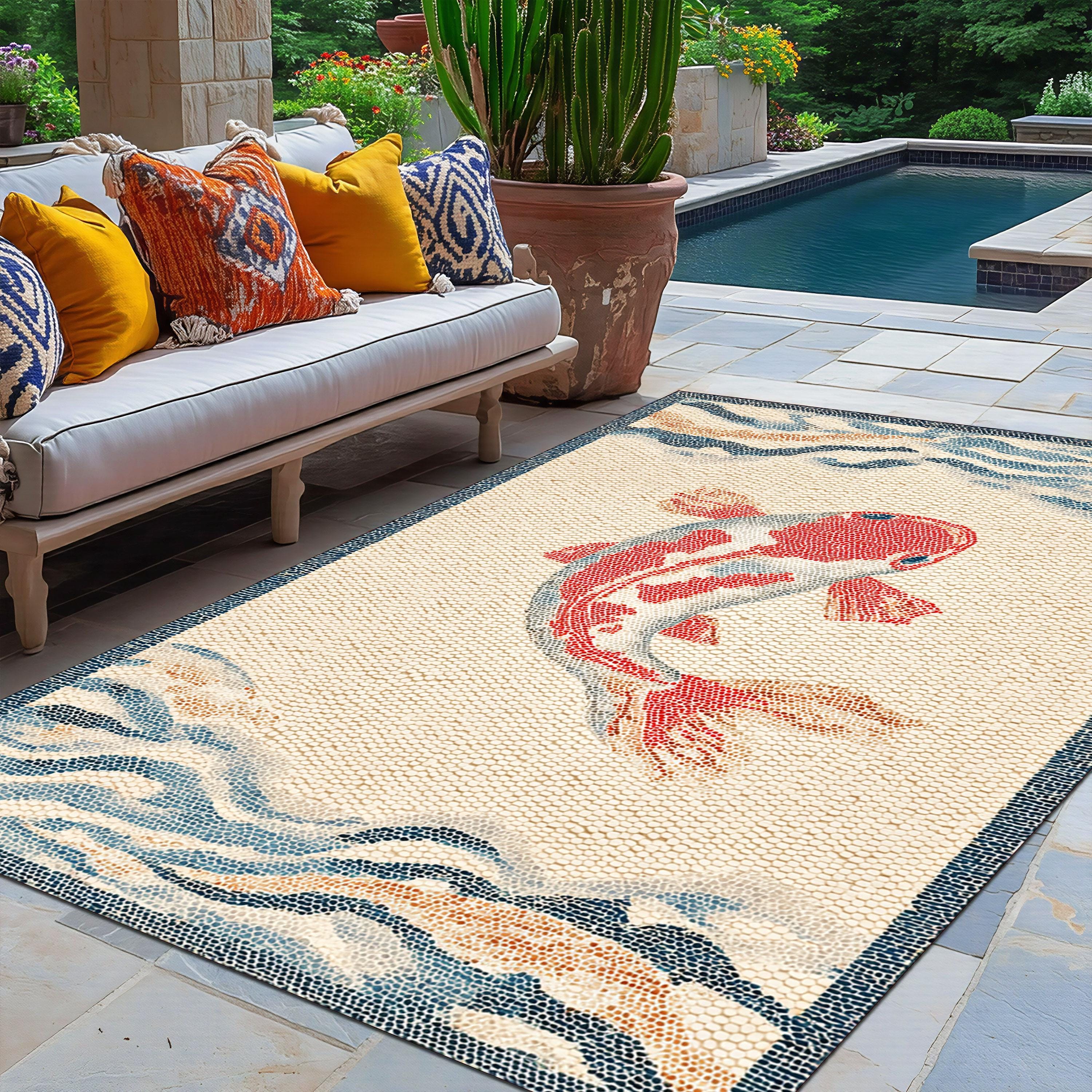 Japanese Koi Fish Outdoor Rug, Zen Wave Pattern Patio Carpet in Beige ...