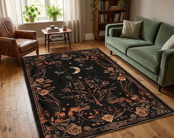 Dark Academia Rug, Celestial Botanical Area Rug, Black Moon Star Carpet, Moody Living Room Decor, Washable Floor Rug