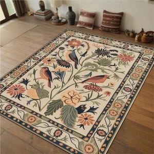 Vibrant Floral Rug With Red Beaked Bird Motif, Nature Inspired Area Rug For Cozy Interiors, Cottagecore Vintage Style Rug, Animal lover Rug