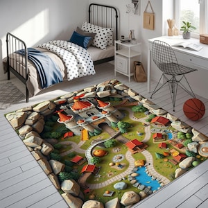 Tapis château fantastique avec plan du village médiéval, tapis paysage de conte de fées 3D pour chambre d'enfant, coin de jeu ou aires de jeux imaginatives
