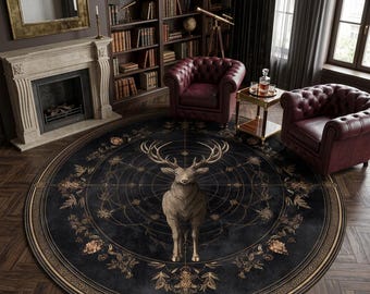 Deer Round Rug, Celestial Stag Area Carpet, Dark Academia Decor, Black Gold Witchy Woodland Decor, Washable Non Slip Indoor Outdoor Rug