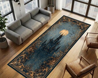 Dark Gothic Castle Rug with Moonlit Fantasy Architecture and Gold Ornamental Frame, Enchanted Medieval Style Area Carpet