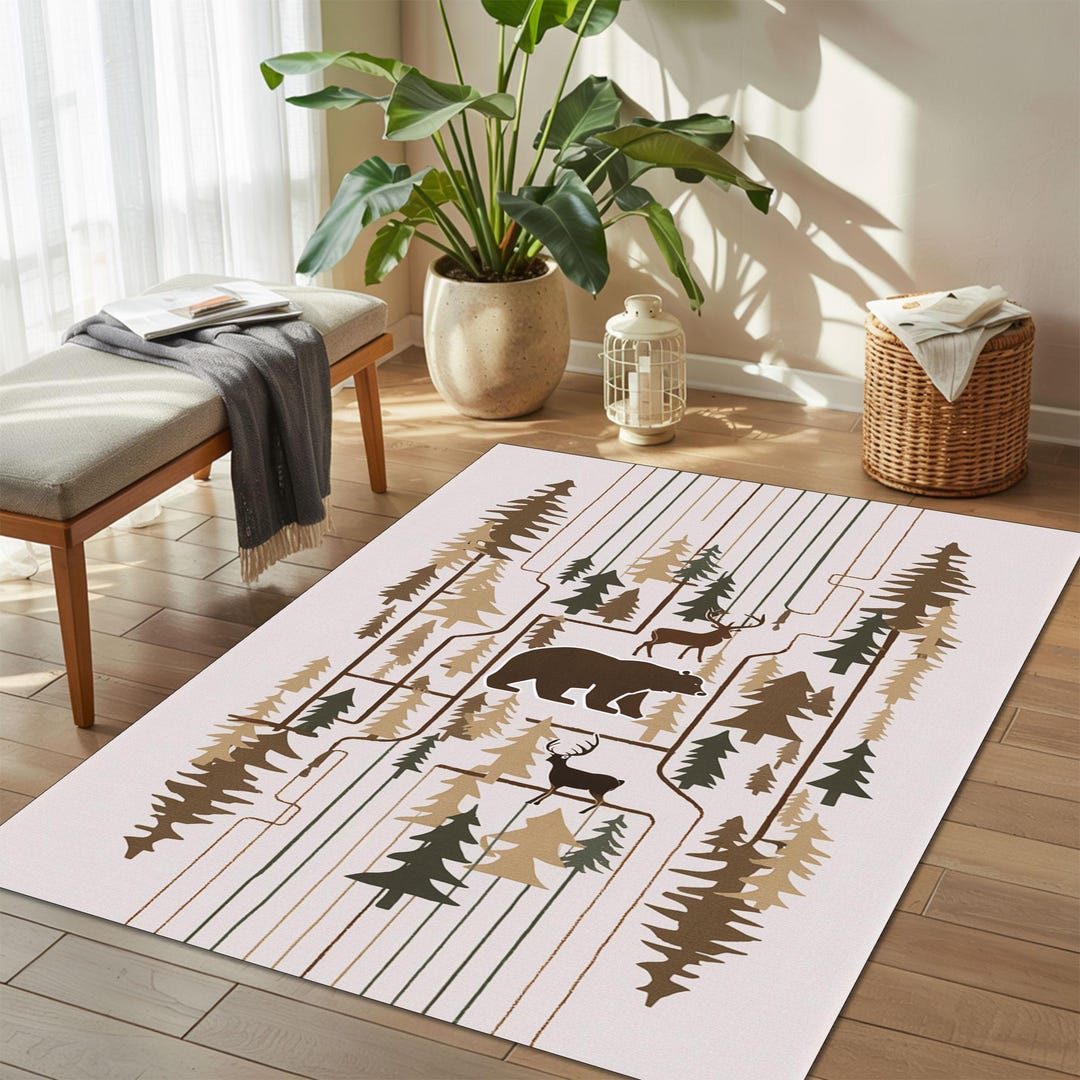 Rustic Wildlife Forest Rug, Cabin Style Bear and Deer Carpet, Lodge ...