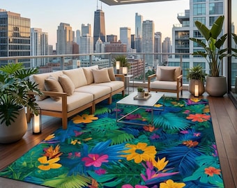 Outdoor Tropical Floral Rug, Colorful Botanical Patio Carpet, Garden Porch Balcony Decor, Washable Non Slip Area Rug