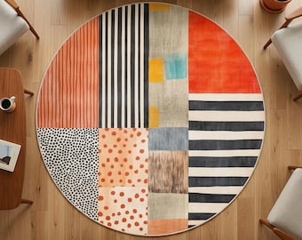 Abstract Patchwork Round Rug, Bauhaus Geometric Area Rug, Color Block Mid Century Decor, Washable Non Slip Indoor Outdoor Rug
