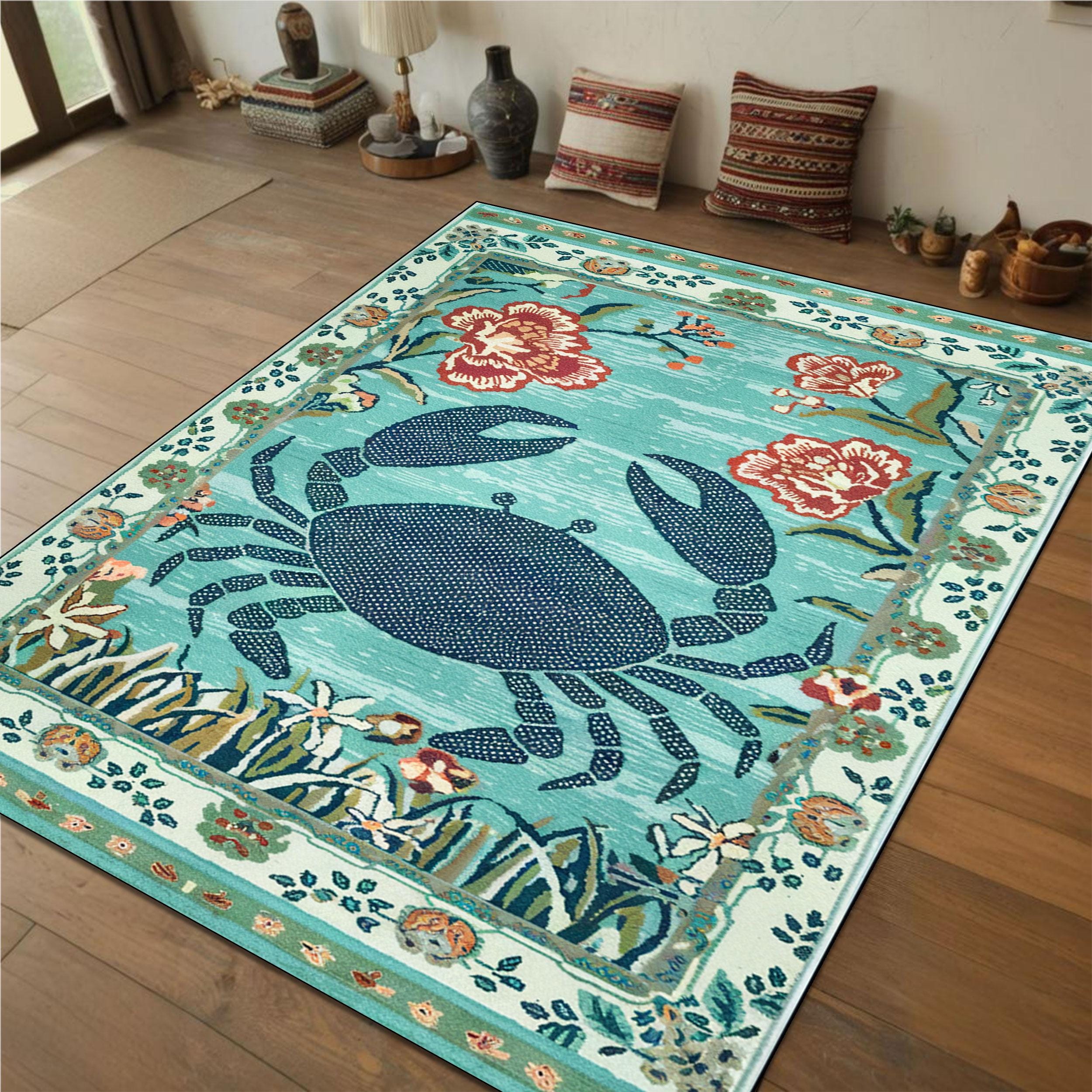 Turquoise Crab Rug, Coastal Nautical Carpet, Washable Ocean Kitchen Mat ...