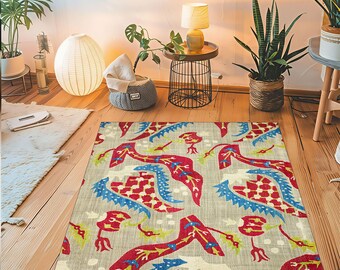 William Morris Art Rug, Bold Red Navy Geometric Pattern, Arts and Crafts Area Carpet, Museum Inspired Home Decor