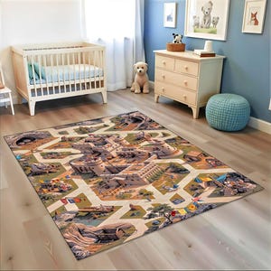May include: A rectangular area rug with a detailed illustration of a fantasy city with buildings, pathways, and water features. The rug has a beige background with brown, green, and blue accents. It is placed in a nursery with a crib and dresser.