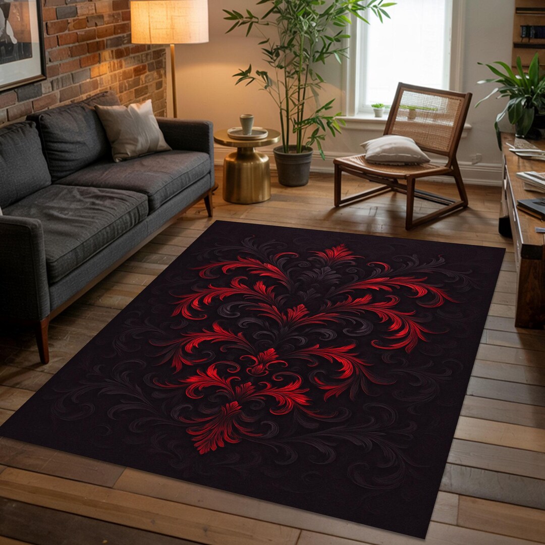 Baroque Rug, Red Black Rug, Luxury Living Rug, Gothic Scroll Carpet ...