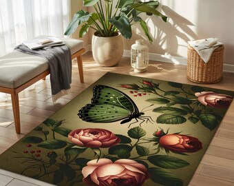 Groene vlinder en roze roos bloementapijt met vintage elegantie, zachte vrouwelijke charme, perfect voor een romantisch interieur en een cottage-interieur