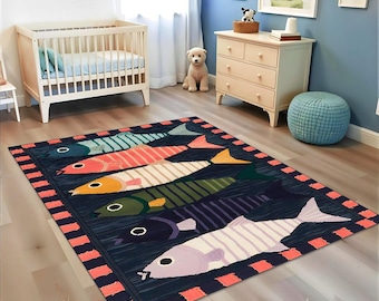 Colorful Fish Rug, Vibrant Striped Fish Design on Navy Background with Coral Border, Perfect for Kids' Rooms, Play Room Areas, or Home Décor