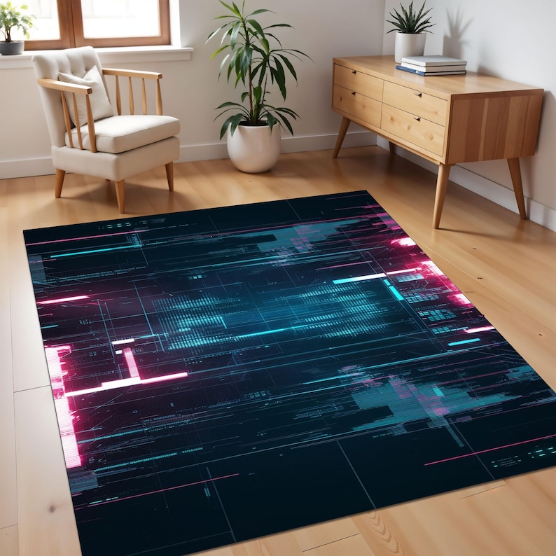 Technology Rug Futuristic Cyber Grid Rug, Sci-fi Glowing Holographic Tech Rug ...