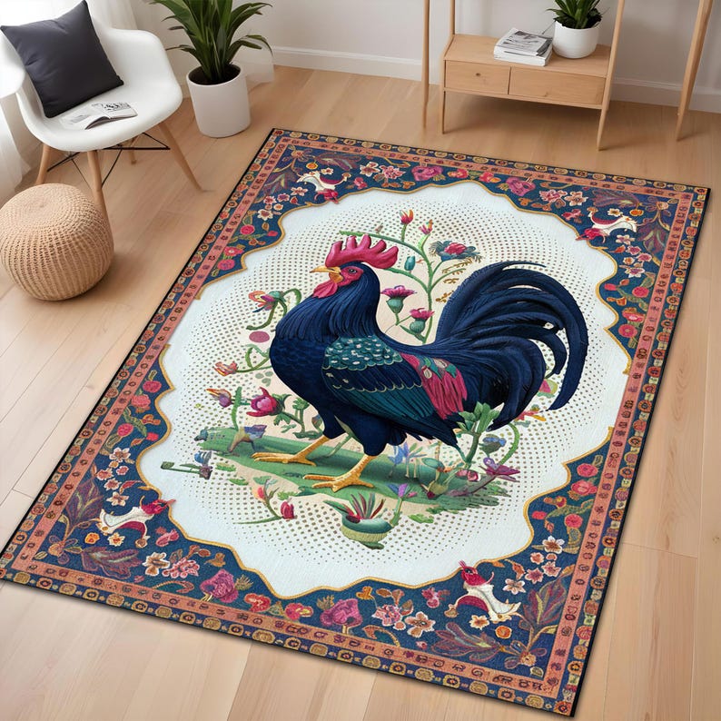 Blue Chicken Rug Cockerel Rug, Colorful Rooster Rug, Rooster Rug, Rooster Pattern Rug ...