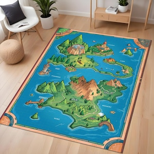 Bunter Fantasie-Weltkarte-Teppich Mit Schlössern Und Abenteuerlanden, Lernspielzimmerteppich Für Kinder, Gamerzimmer Und Fantasievolle Innendekoration