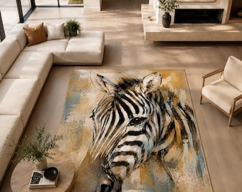 Abstract Zebra Area Rug, Modern Wildlife Art Carpet, Beige Gold Blue Animal Decor, Washable Non Slip Indoor Outdoor Rug