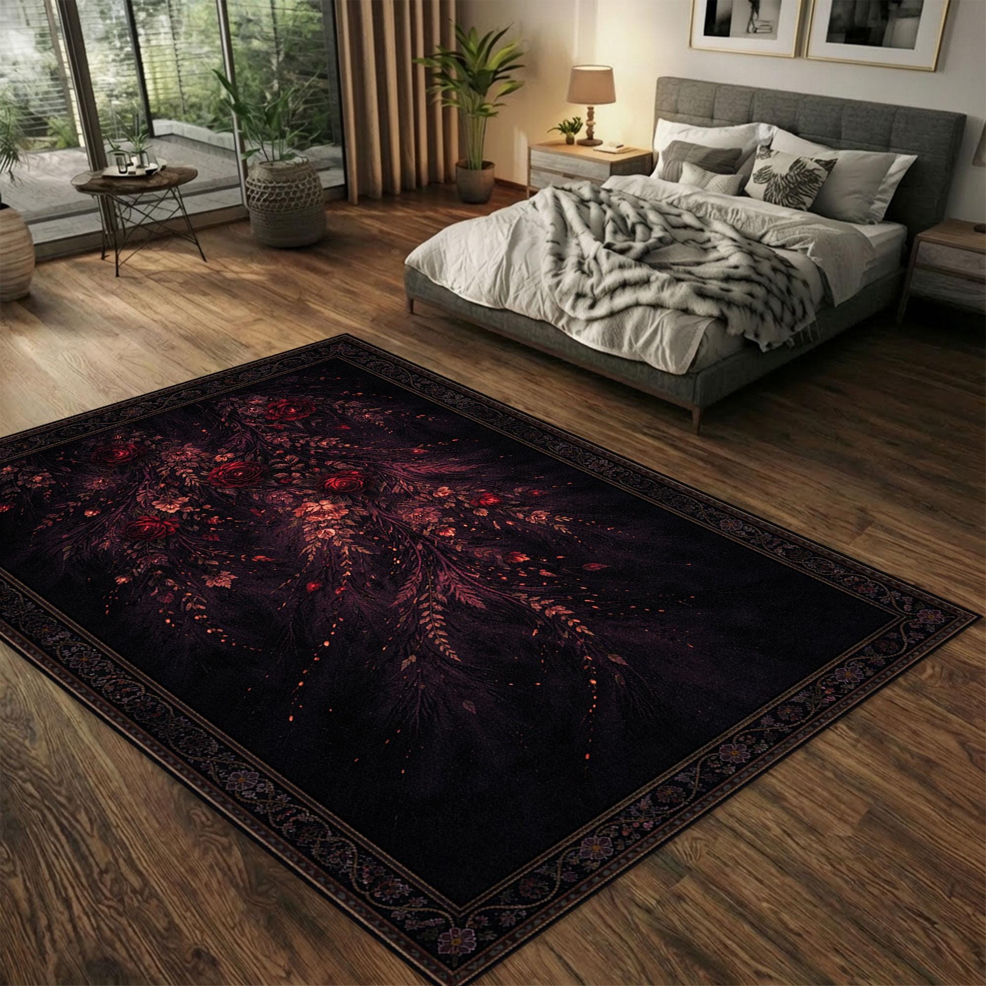 Dark Gothic Floral Rose Rug Black Botanical Carpet Vintage Victorian ...