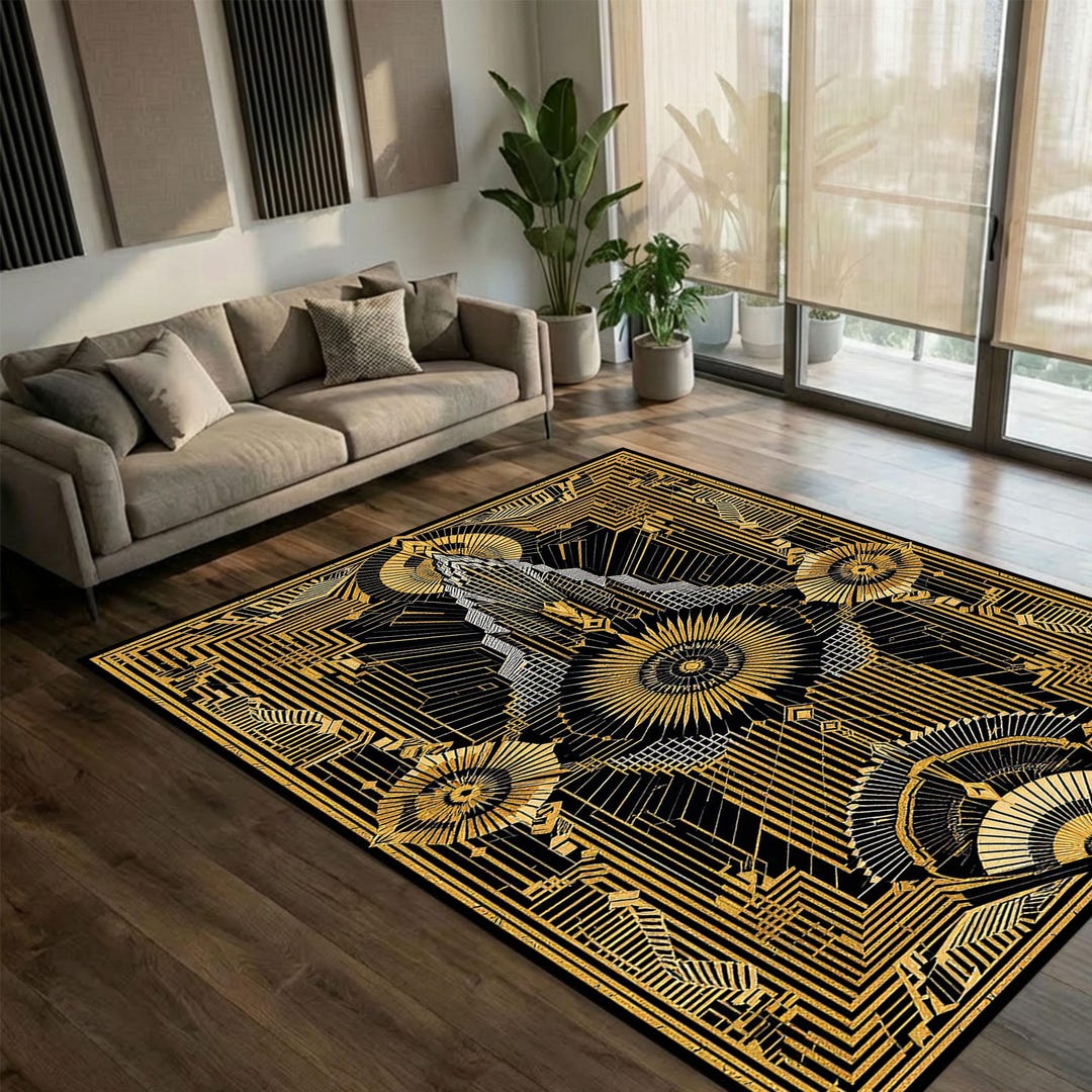 Gold Rug 40x60 Rug Black Gold Art Deco Rug Carpet With Geometric Lines, Luxury Graphic ...