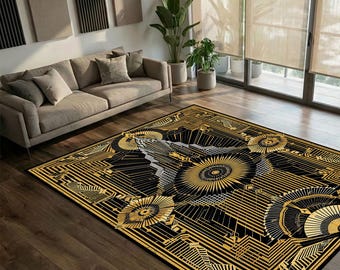 Black Gold Art Deco Rug Carpet with Geometric Lines, Luxury Graphic Area Rug for Living Room Modern Home Decor