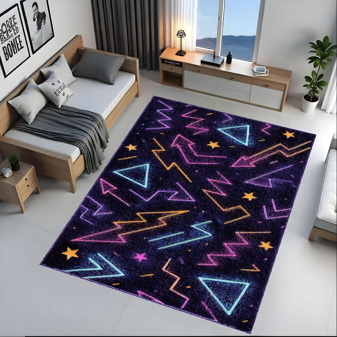 Neon Gamer Rug, Retro 80s Carpet, Teen Room Decor, Arcade Lightning Mat ...