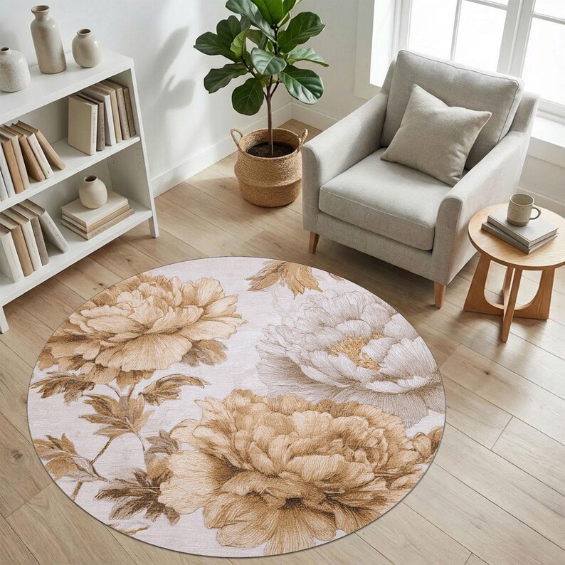 Floral Round Rug Beige Botanical Carpet, Vintage Neutral Flower Area ...