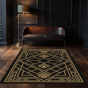 Art deco rug, black gold rug, geometric vintage rug, luxury living room rug, retro floor mat, washable deco carpet, elegant art rug