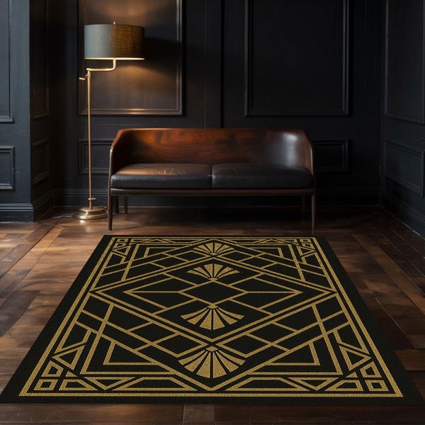 Art deco rug, black gold rug, geometric vintage rug, luxury living room rug, retro floor mat, washable deco carpet, elegant art rug