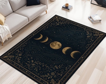 Moon Phase Rug – Whimsigoth Rug, Celestial Moon Carpet – Mystic Night Decor, Lunar Cycle Floor Mat, Spiritual Bedroom Rug,Dark Moonlight Mat