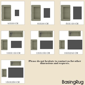 May include: Diagram showing different rug sizes for a sofa, ranging from 40x60 cm to 180x280 cm. The diagram shows a sofa and rug in each size.