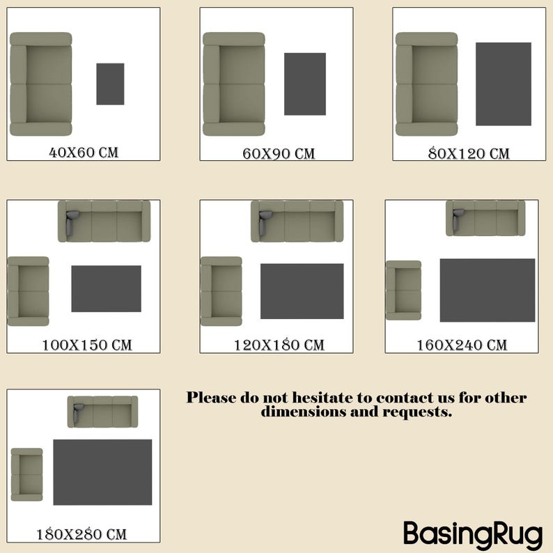 May include: Diagram showing different rug sizes for a sofa, ranging from 40x60 cm to 180x280 cm. The diagram shows a sofa and rug in each size.