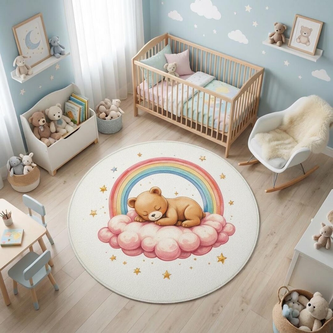 Babay Rugs Bear Rainbow Nursery Round Rug, Cute Baby Room Carpet With Clouds and ...