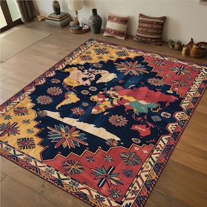 Ethnischer Weltkarten-Teppich - Teppich im Folklore-Stil für globales Dekor, kultureller Geschenkteppich für Wohnkultur, Kinder-Lernräume und Geschenkideen zum Thema Reisen