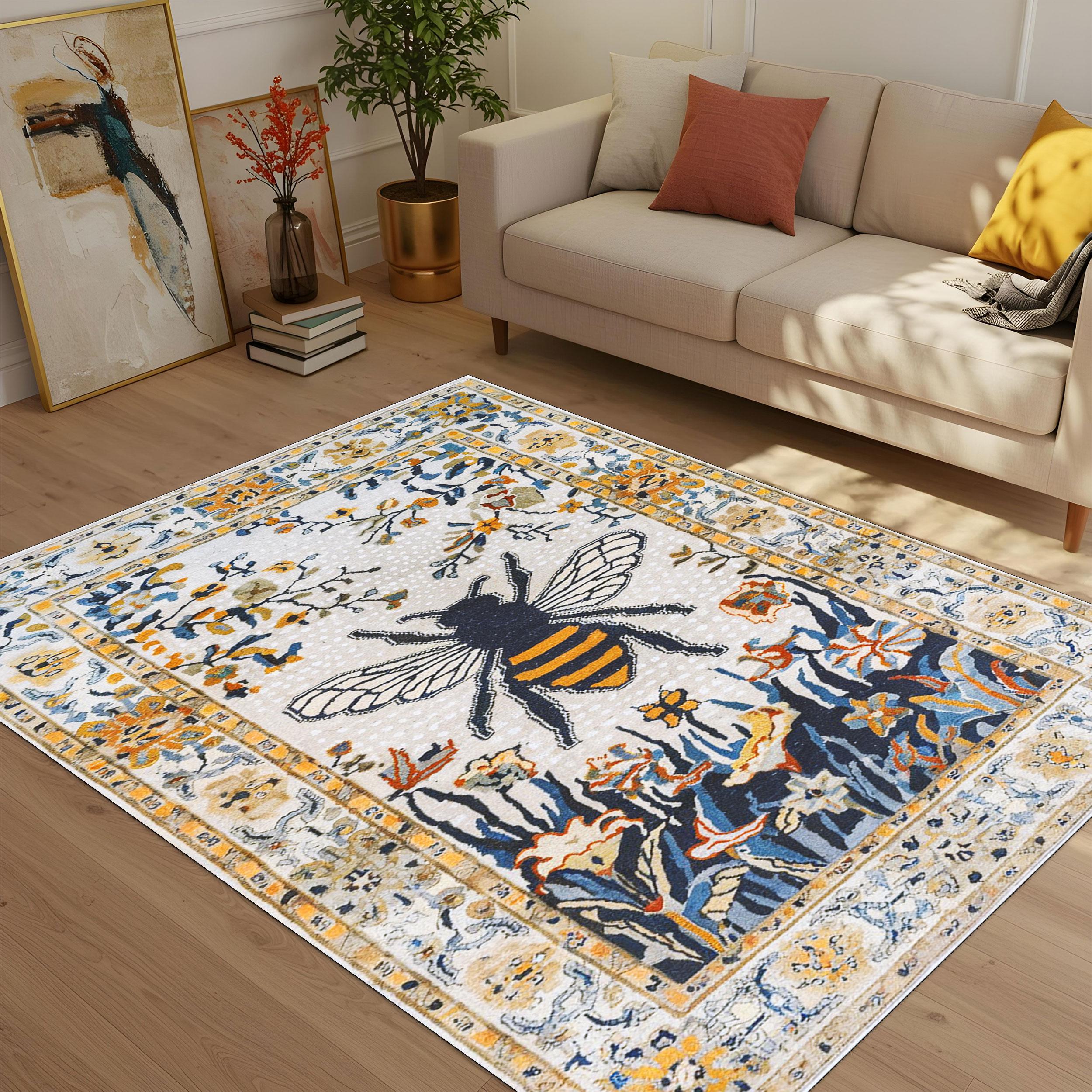 Vintage Bee Rug With Floral Motifs | Cottagecore Garden Carpet ...