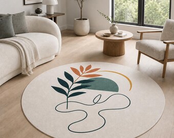 Mid Century Boho Round Rug, Abstract Botanical Leaf Carpet, Scandinavian Minimalist Living Room Bedroom Indoor Outdoor Rug