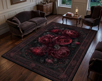 Dark Red Rose Area Rug, Black Gothic Floral Carpet, Moody Living Room Bedroom Decor, Washable Non Slip Rug