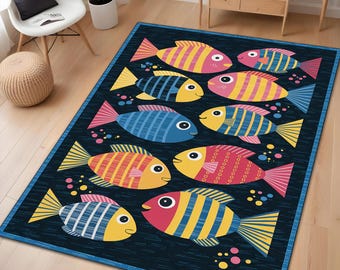 Colorful Fish Kids Rug, Underwater Ocean Theme Carpet for Nursery or Playroom, Cute Sea Animal Floor Mat, Baby and Toddler Room Decor