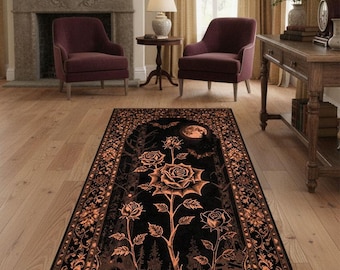 Gothic Rose Runner Rug with Moon and Floral Details, Dark Romantic Black Hallway Carpet for Gothic, Victorian and Alternative Home Decor