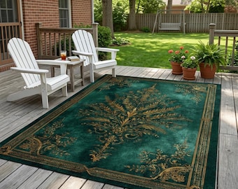 Emerald Green Gold Botanical Rug, Ornate Fern Area Carpet, Elegant Living Room Decor, Washable Non Slip Indoor Outdoor Rug