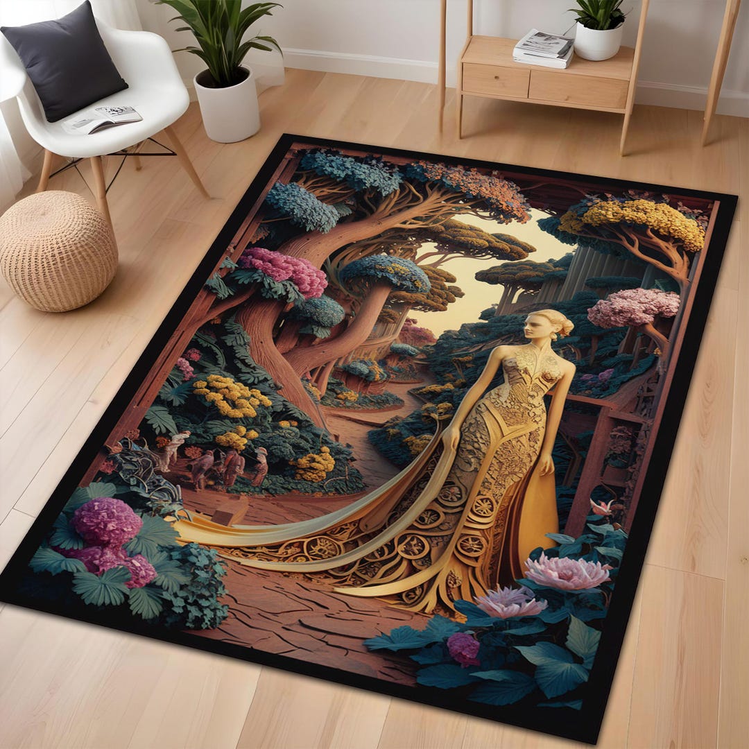 Mystical Woodland Rug, Fantasy Royalty Rug, Elegant Golden Gown Art ...