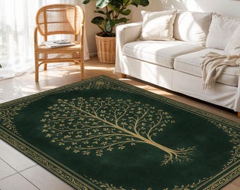 Tree of Life Rug, Emerald Green Rug, Botanical Area Carpet, Gold Detail Rug, Nature Decor Mat, Elegant Living Room Rug, Spiritual Carpet