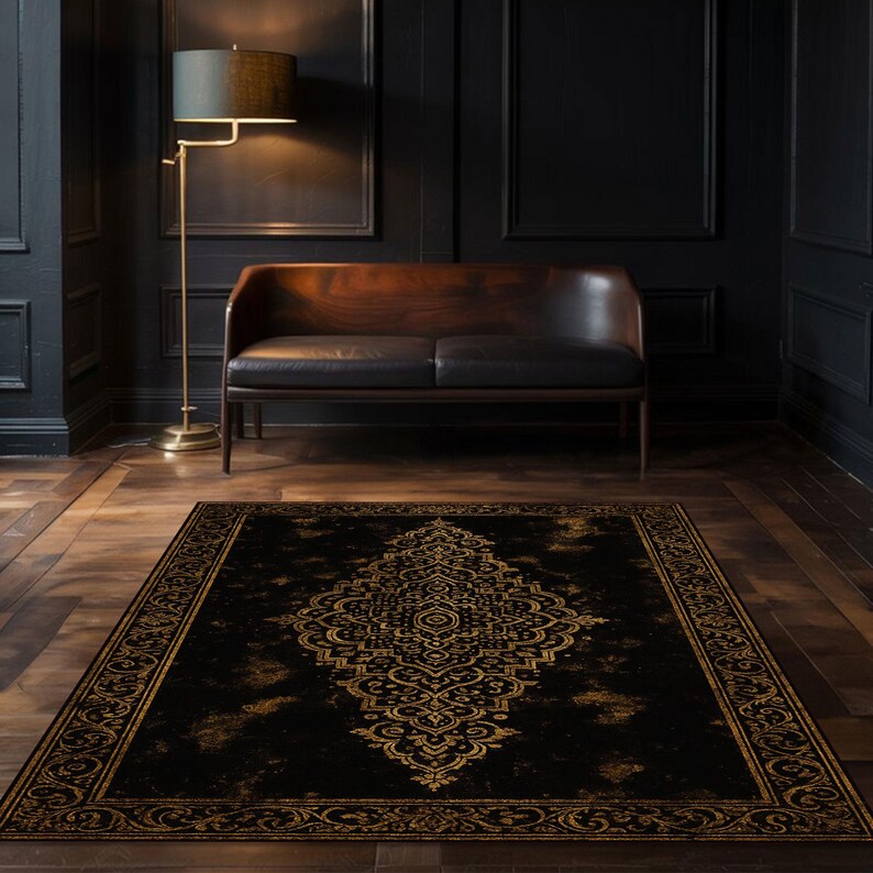 Luxury Baroque Gold Rug, Black Distressed Mandala Carpet, Elegant ...
