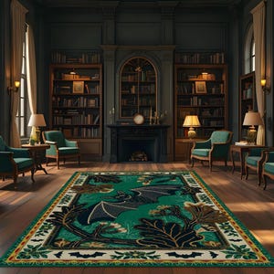 May include: A green rug with a black bat design and gold accents. The rug is in a dark room with a fireplace and bookshelves.