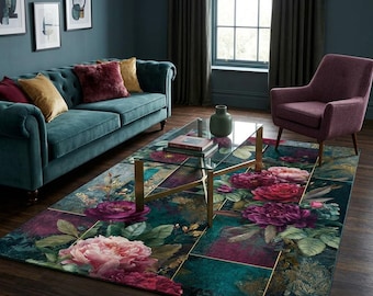 Dark Botanical Patchwork Rug Gothic Floral Area Rug Moody Botanical Carpet Dark Academia Living Room Decor Luxury Gift